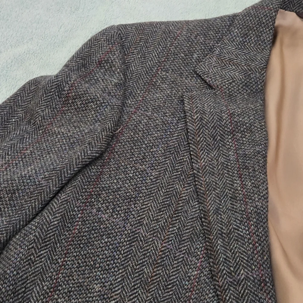 VTG Tweed Jacket L Grey Herringbone 100% Wool Blazer 44R Made in USA Sport Coat